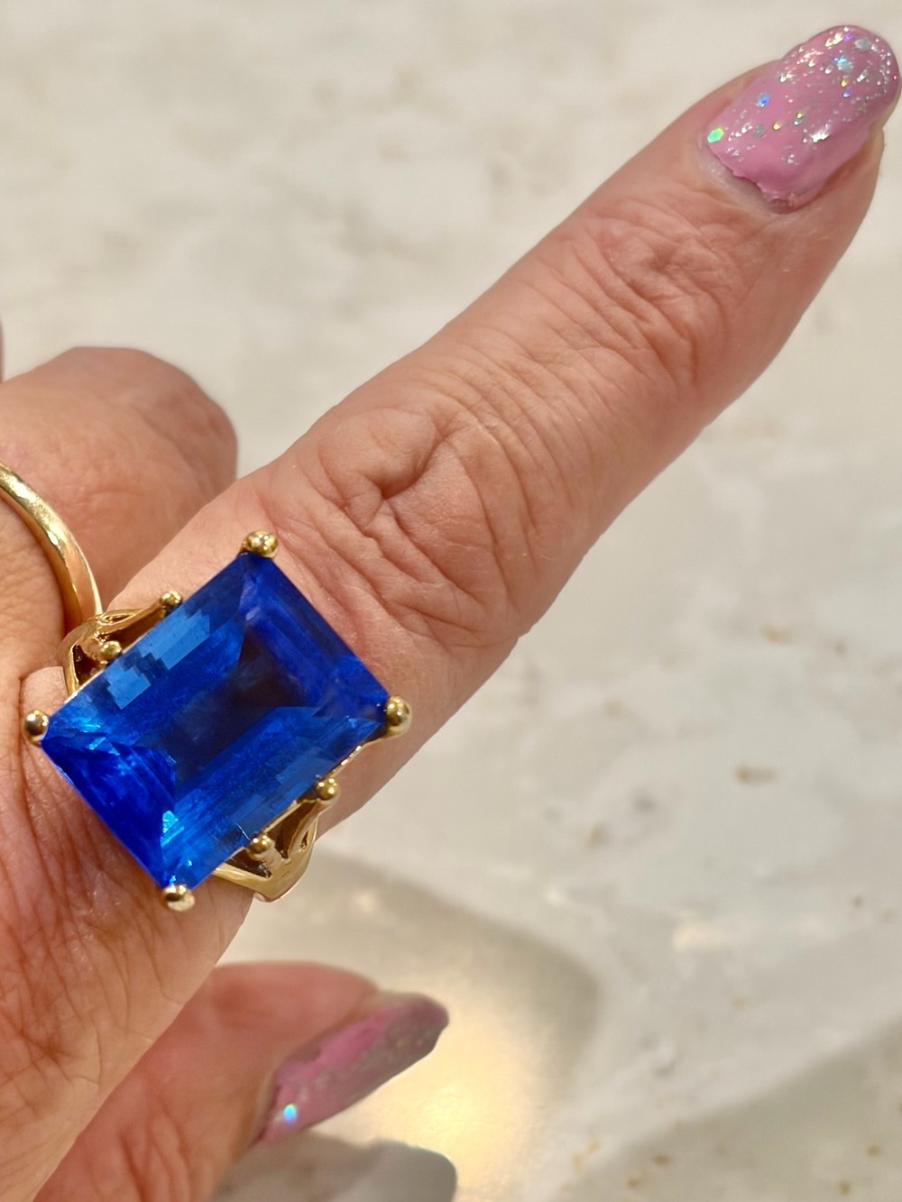 Vintage SETA Emerald Cut Blue Cocktail Ring Gold Tone Size 8